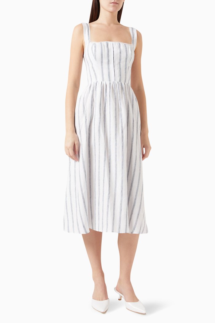 

Tagliatelle Striped Midi Dress in Linen, Neutral