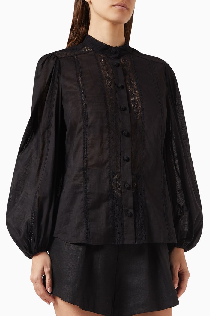 Halliday Lace Trim Shirt in Cotton, Black