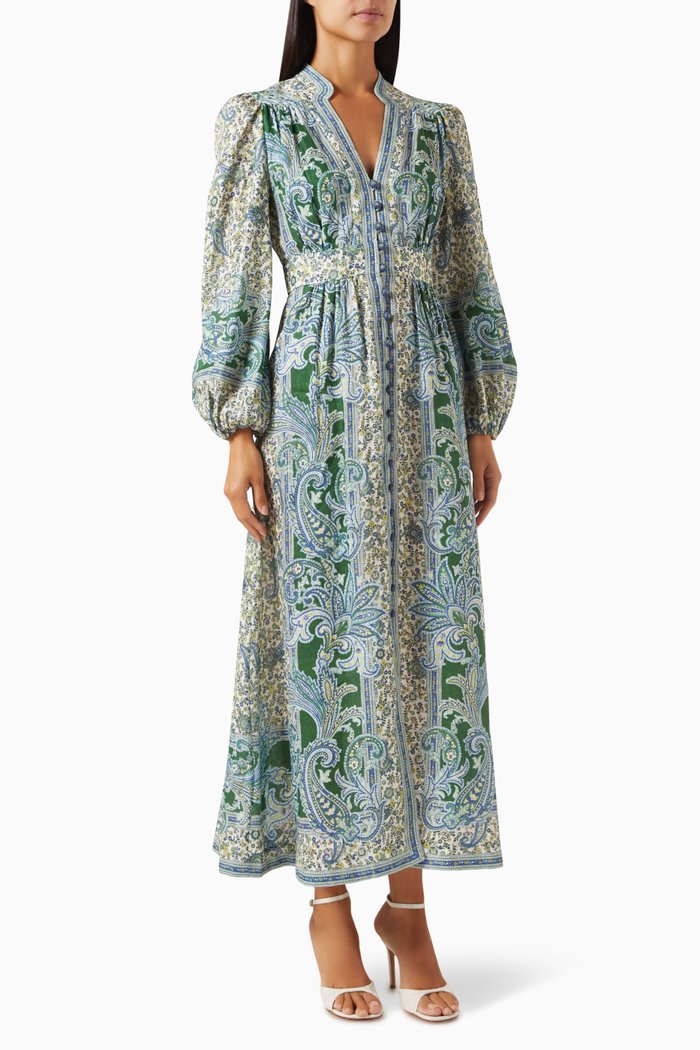 

Ottie Plunge Midi Dress in Linen, Green