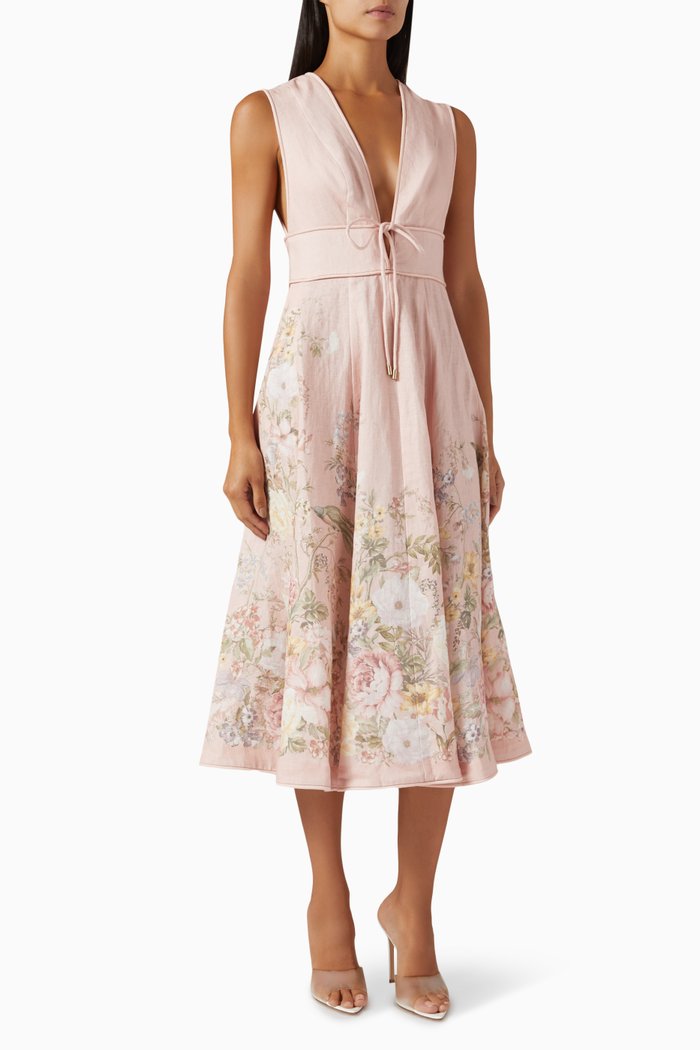 

Waverly Plunge Midi Dress in Linen, Pink