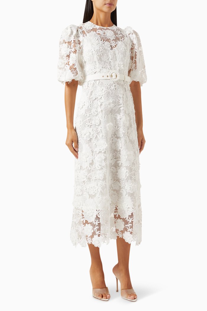 Halliday Flower Midi Dress in Lace, Neutral