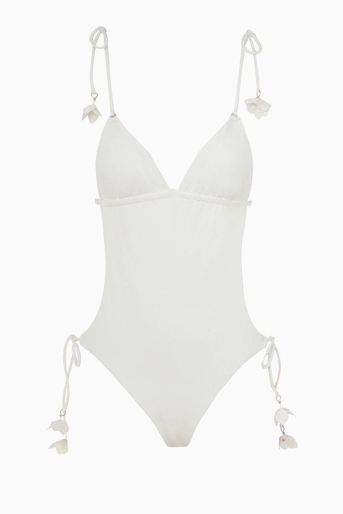 

Pop Flower Trim One-piece Swimsuit in Italian Lycra, White