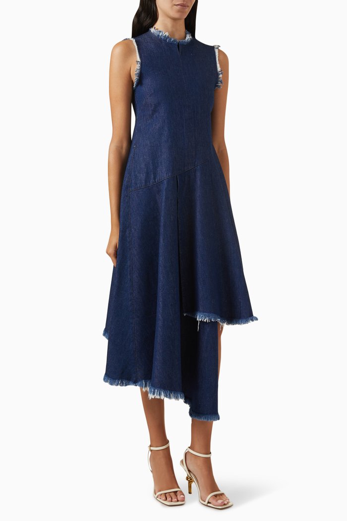 

Asymmetric Frayed Midi Dress in Denim, Blue
