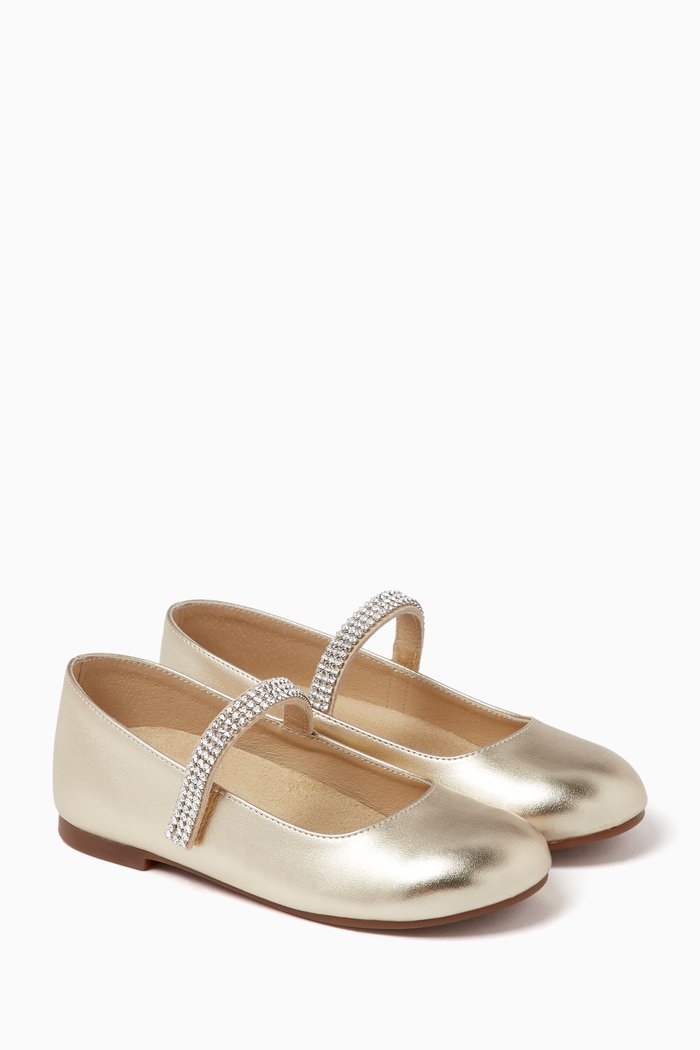 

Crystal-embellished Ballerina Shoes in Metallic Leather, Gold