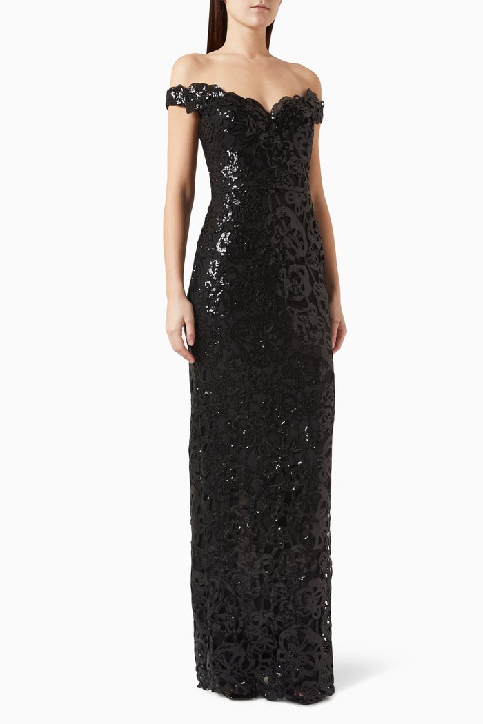 Off-shoulder Column Gown in Sequin, Black