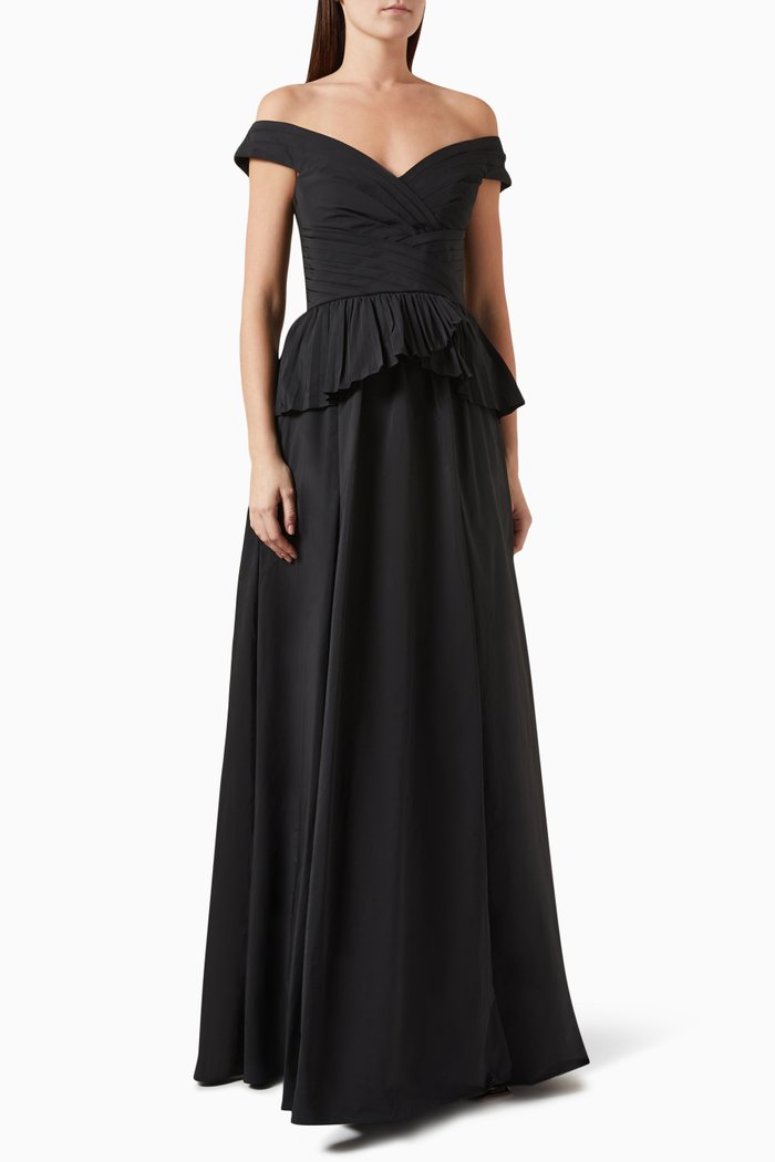 

Off-shoulder Peplum Gown in Taffeta, Black