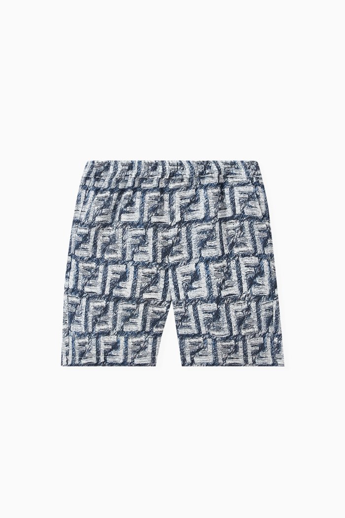 

Fringed-effect FF Logo Print Shorts in Stretch Cotton, Blue
