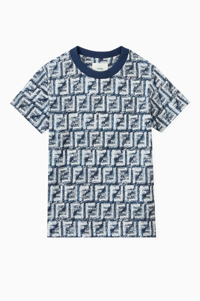 

Fringed-effect FF Logo Print T-shirt in Cotton Jersey, Blue