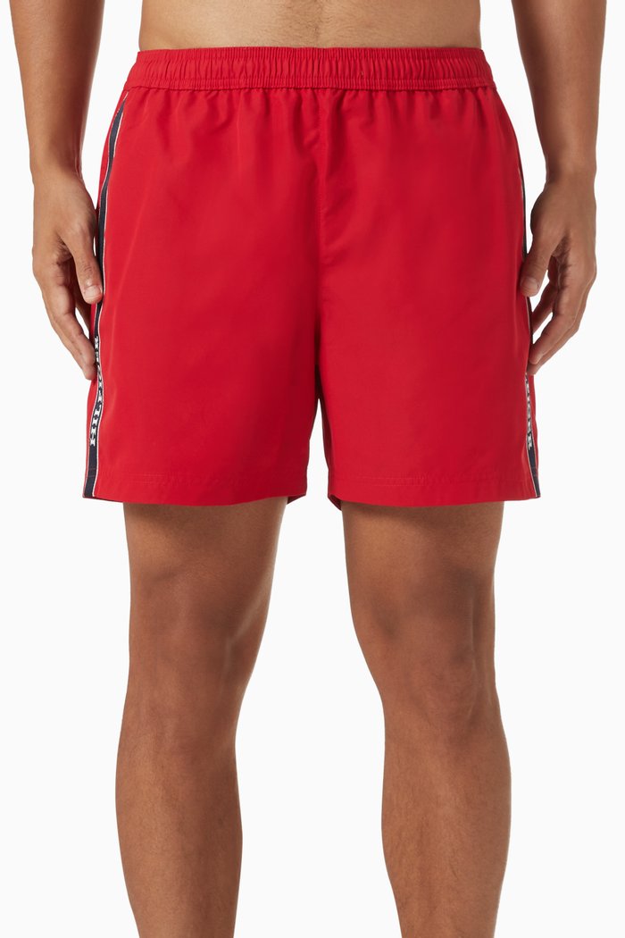 Medium Logo Tape Swim Shorts in Recycled Polyester, Red