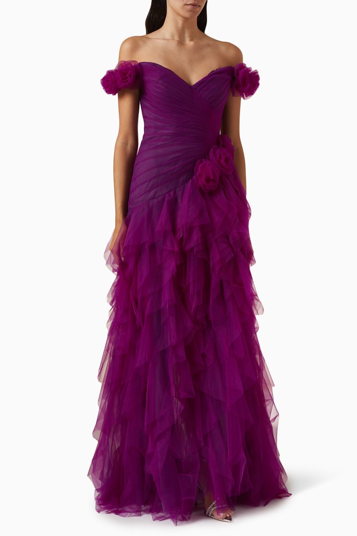 

Off-shoulder Ruffle Gown in Tulle, Purple