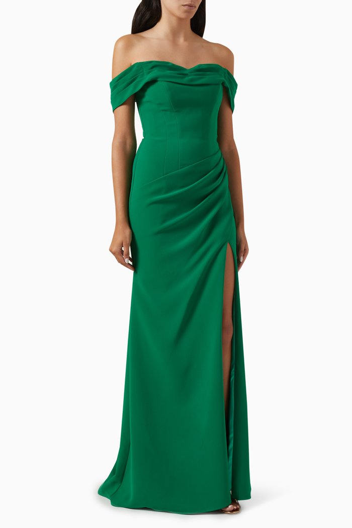 

Off-shoulder Heart-shaped Gown in Crepe, Green