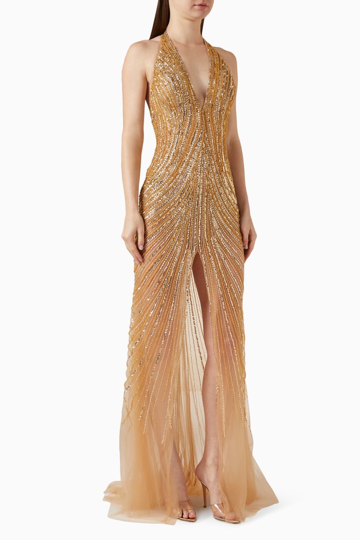 

V-neck Slit Gown in Beaded Tulle, Gold
