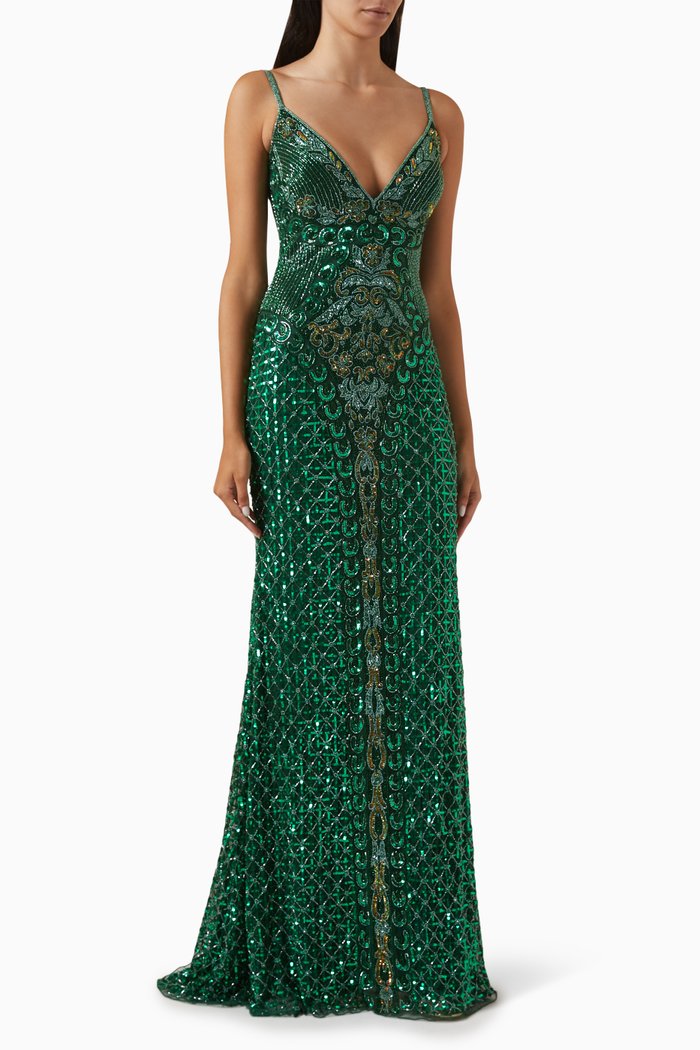 

V-neck Maxi Dress in Beaded Mesh, Green