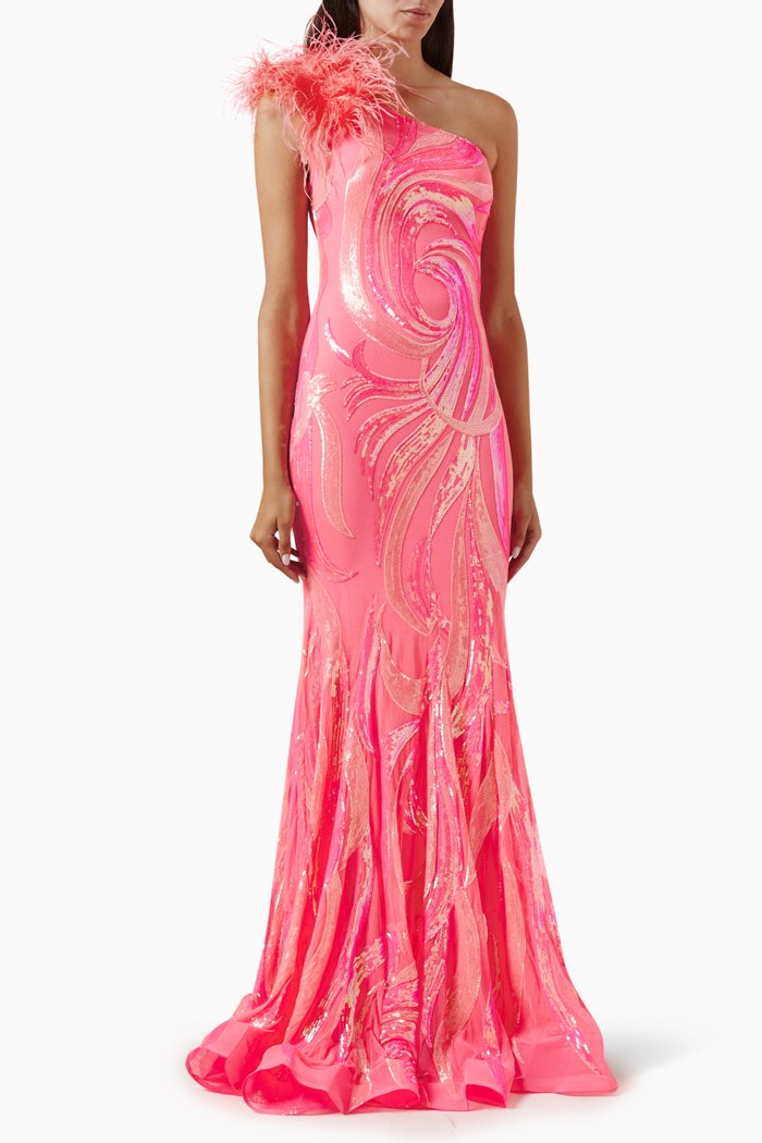 

One-shoulder Sequin-embellished Gown in Tulle, Pink