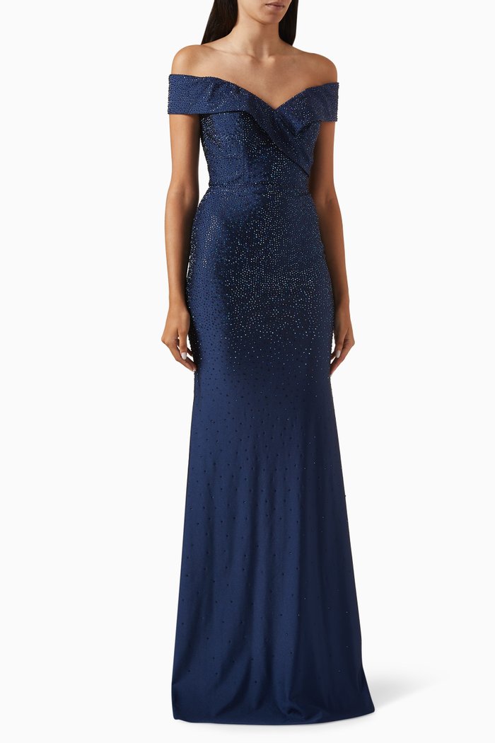 

Embellished Off-shoulder Gown in Jersey, Blue