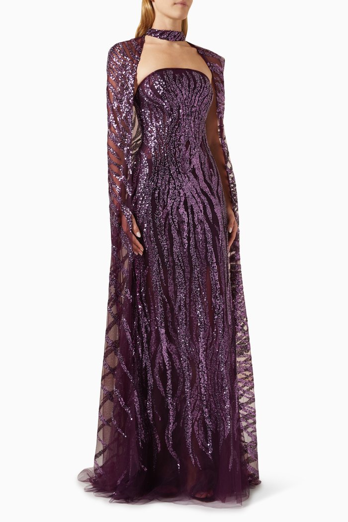 

Glitter-embellished Detachable Cape Gown in Mesh-tulle, Purple