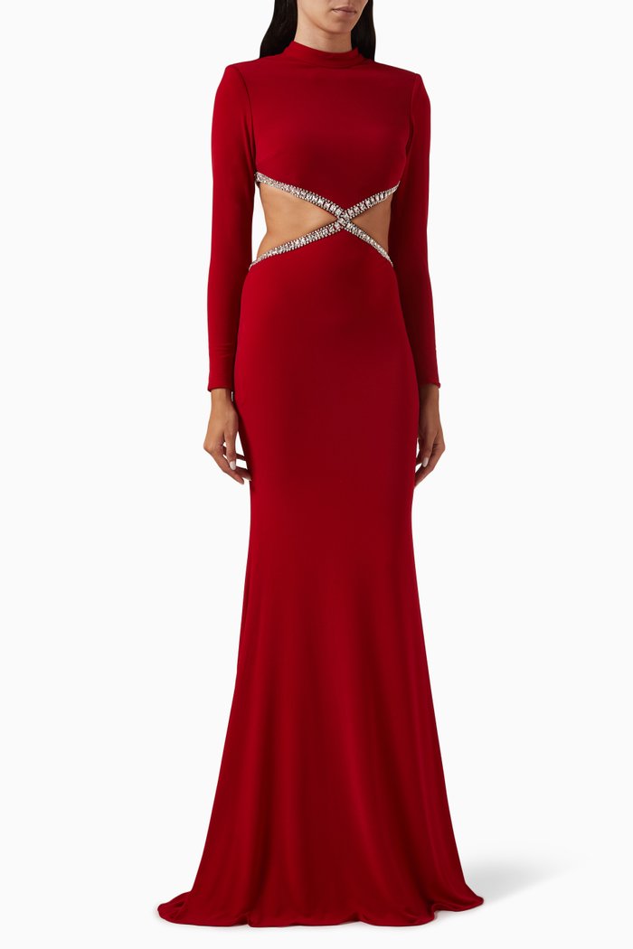 

Embellshed Cutout Gown in Jersey, Red