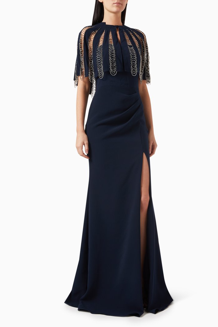 

Embroidered Cape Gown in Crepe, Blue