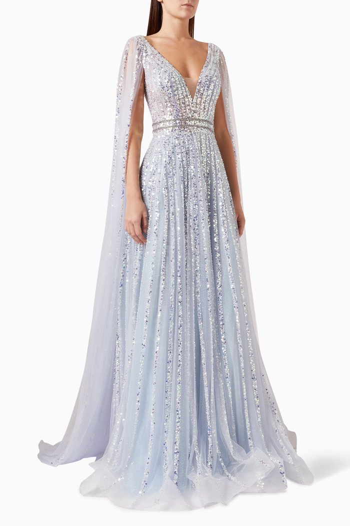 

Beaded Cape Gown in Tulle, Blue