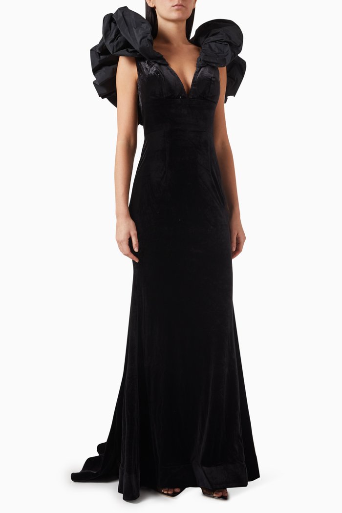 

Puffed Taffeta Sleeves Gown, Black