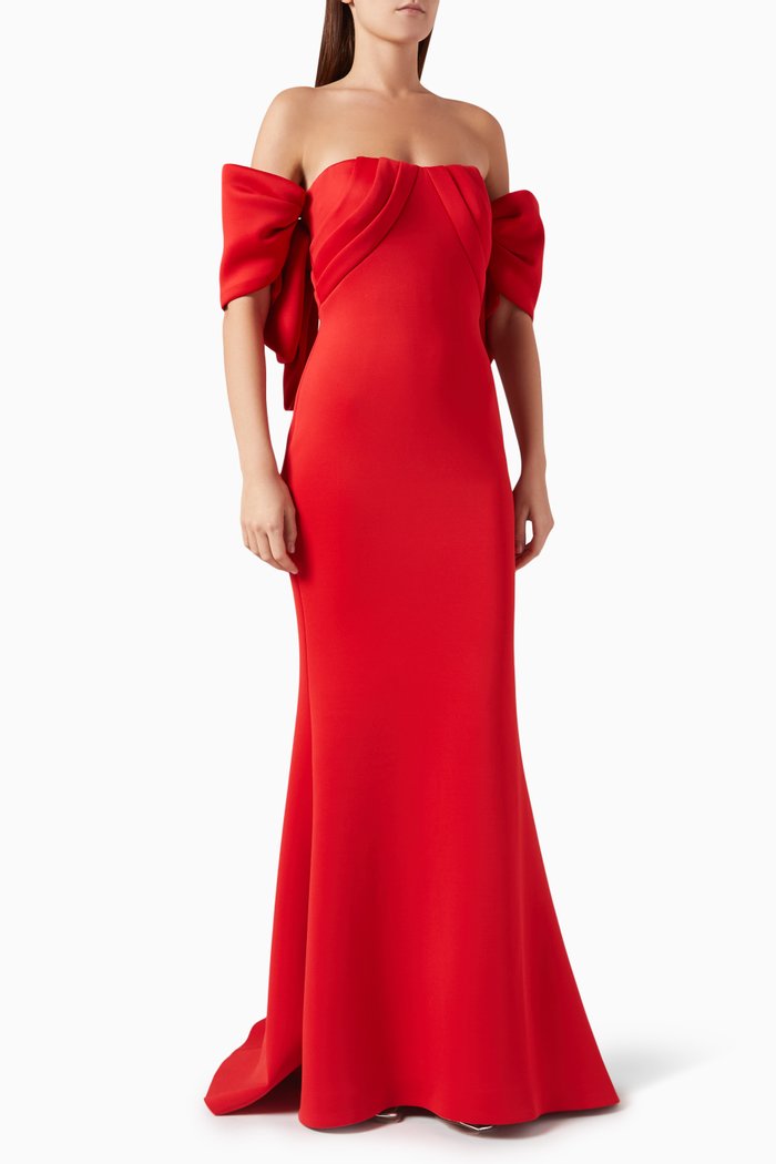 

Off Shoulder Ruffles Gown in Scuba, Red