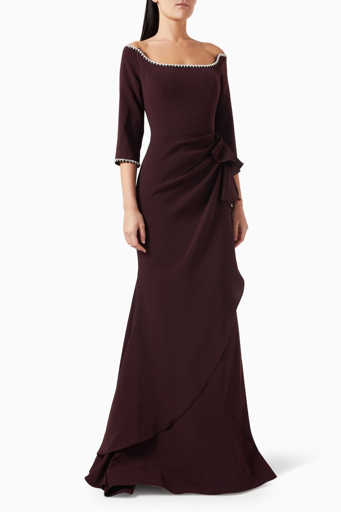

Off-shoulder Embellished Maxi Dress in Crepe, Purple