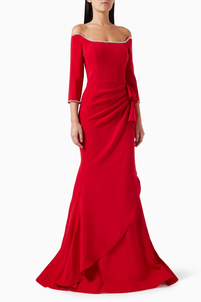 

Off-shoulder Embellished Maxi Dress in Crepe, Red