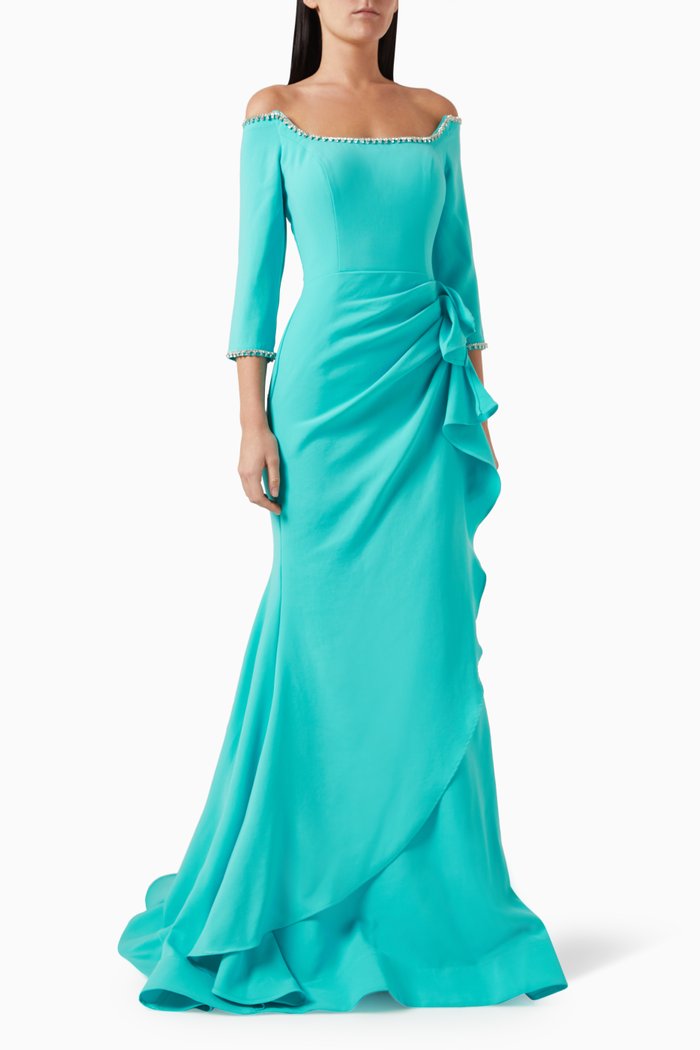 

Off-shoulder Embellished Maxi Dress in Crepe, Blue