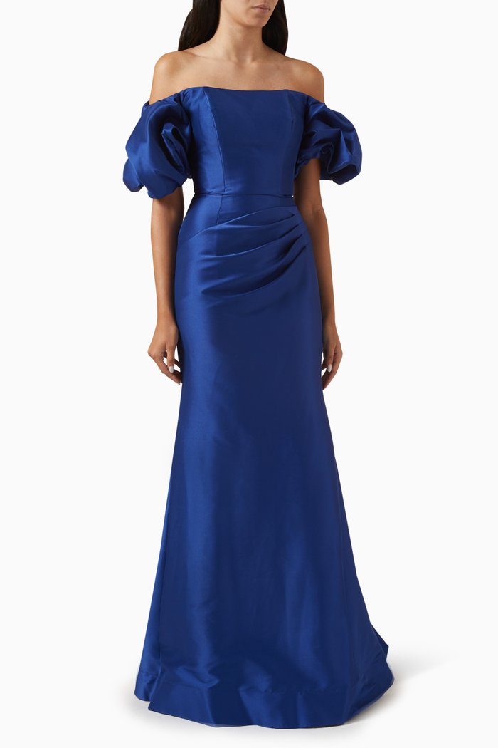 

Off-shoulder Mermaid-cut Gown in Satin, Blue
