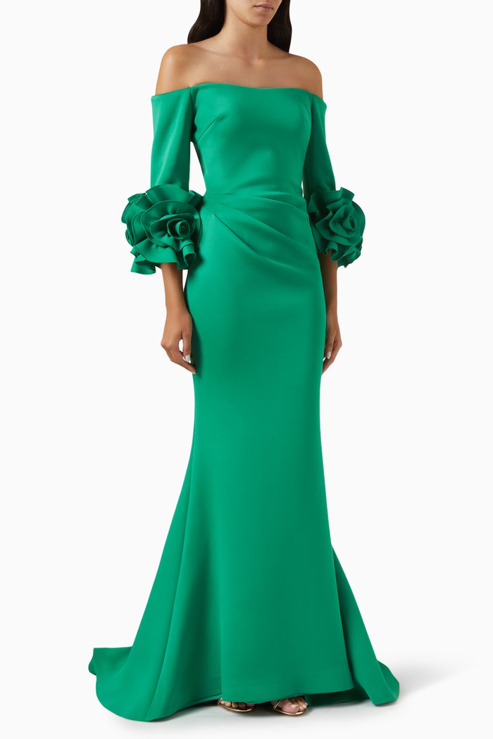 

Ruffle Sleeves Off-shoulder Gown, Green