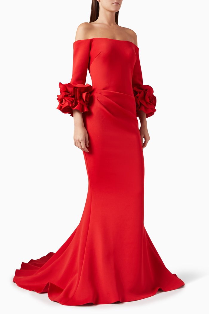 Ruffle Sleeves Off-shoulder Gown, Red