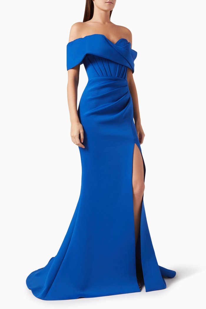 

Off-shoulder Gown in Scuba, Blue