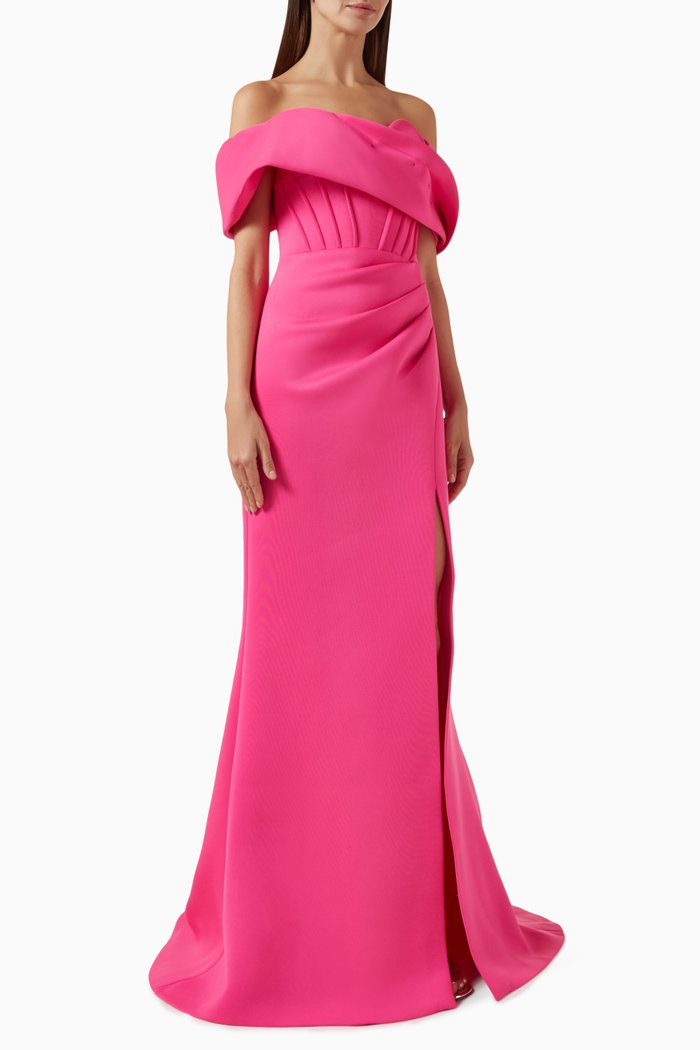 

Off-shoulder Gown in Scuba, Pink