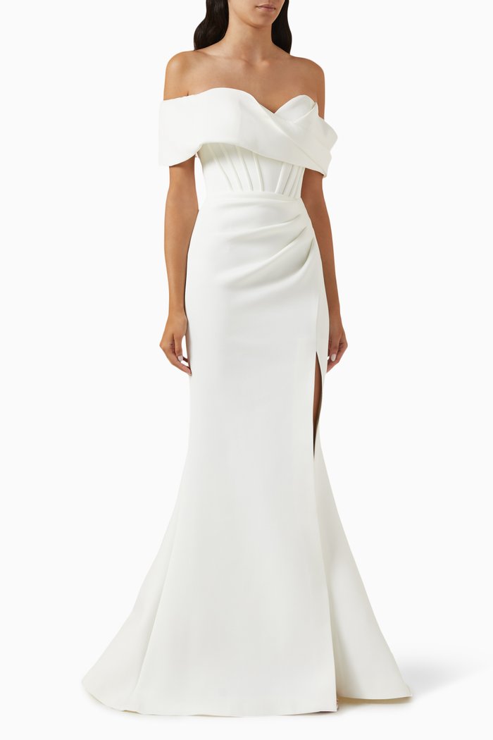 

Off-shoulder Gown in Scuba, White