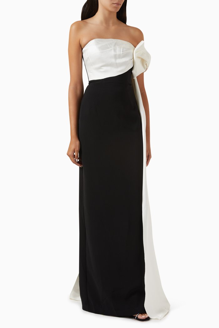 

One-shoulder Two-tone Gown in Satin & Crepe, Black