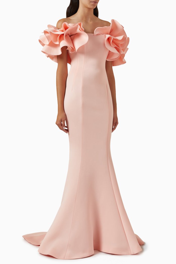 

Ruffle Off-shoulder Gown in Scuba, Pink