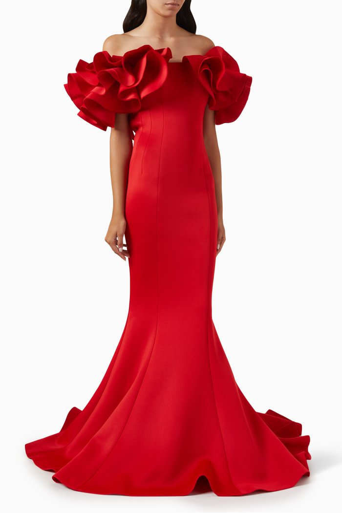 

Ruffle Off-shoulder Gown in Scuba, Red