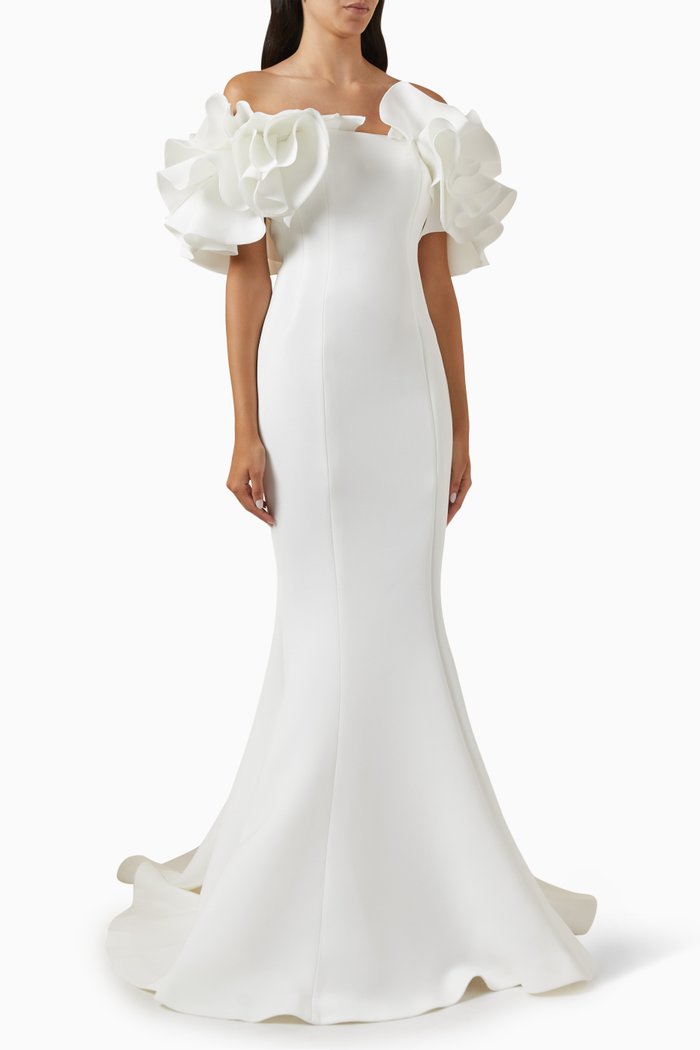 

Ruffle Off-shoulder Gown in Scuba, White