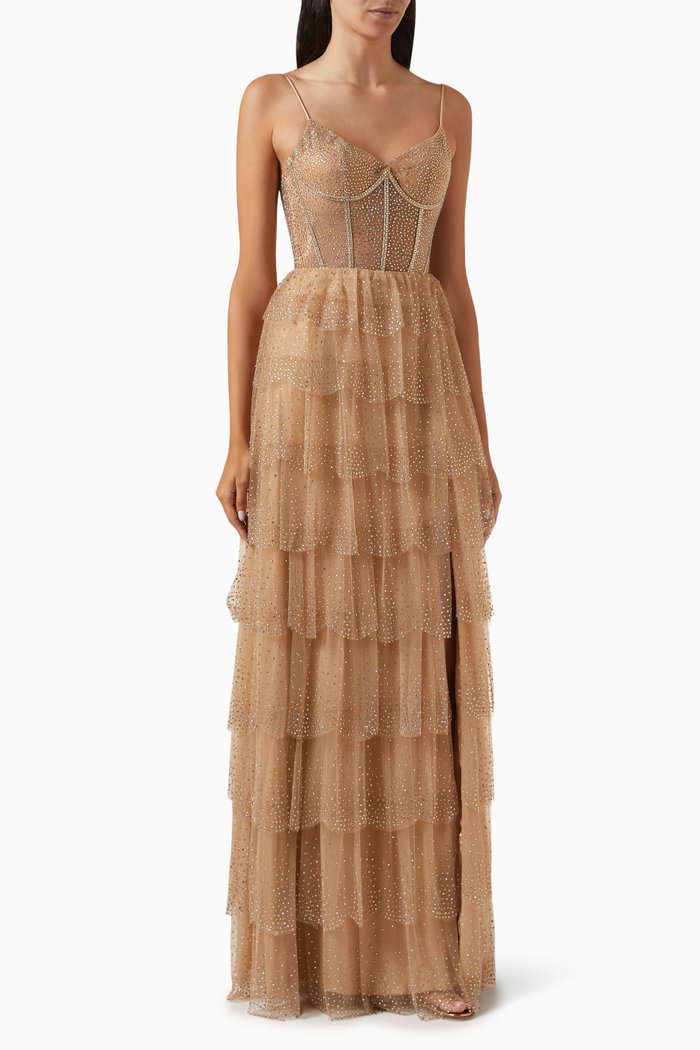 

Layered Skirt Gown in Beaded Tulle, Gold