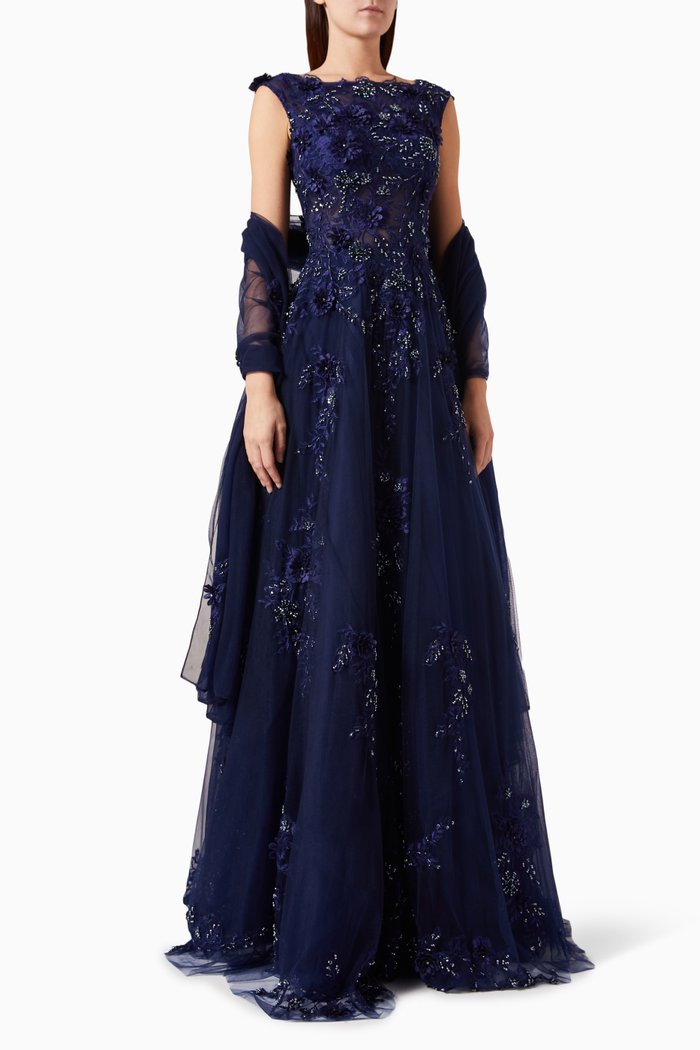 

Beaded Lace Gown with Scarf in Tulle, Blue