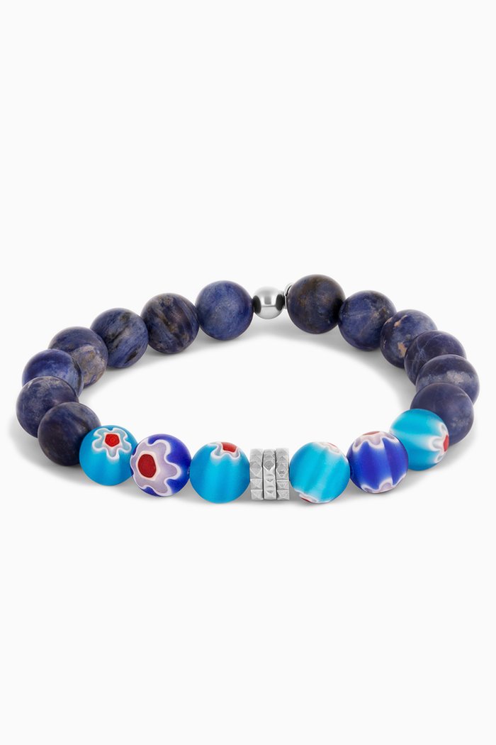 

Large Millefiori Maxi Beaded Sodalite Bracelet in Stainless Steel, Blue