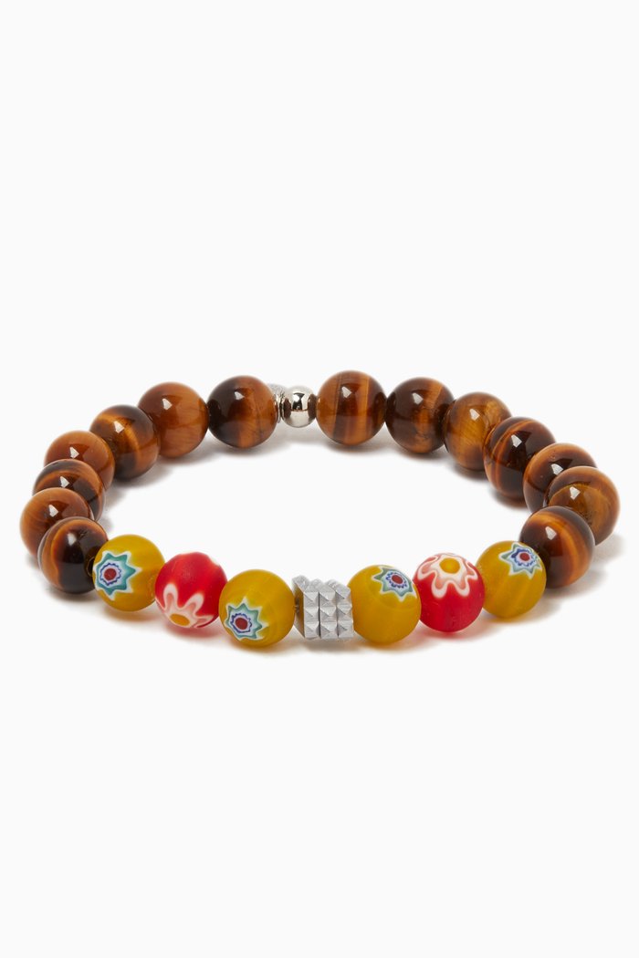 

Medium Millefiori Maxi Beaded Tiger Eye Bracelet in Stainless Steel, Brown
