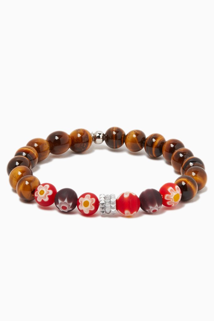 

Medium Millefiori Maxi Beaded Tiger Eye Bracelet in Stainless Steel, Brown
