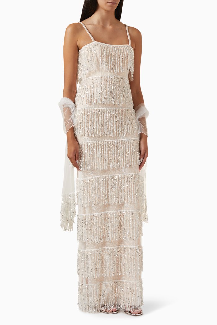 

Beaded Fringe Gown in Tulle, Neutral