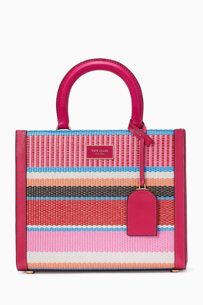 

Small Manhattan Striped Tote Bag in Woven Straw, Pink