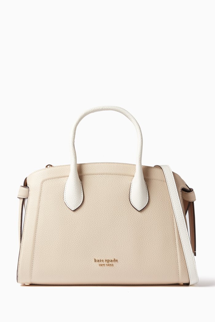 

Medium Knott Zip-top Satchel Bag in Leather, Brown