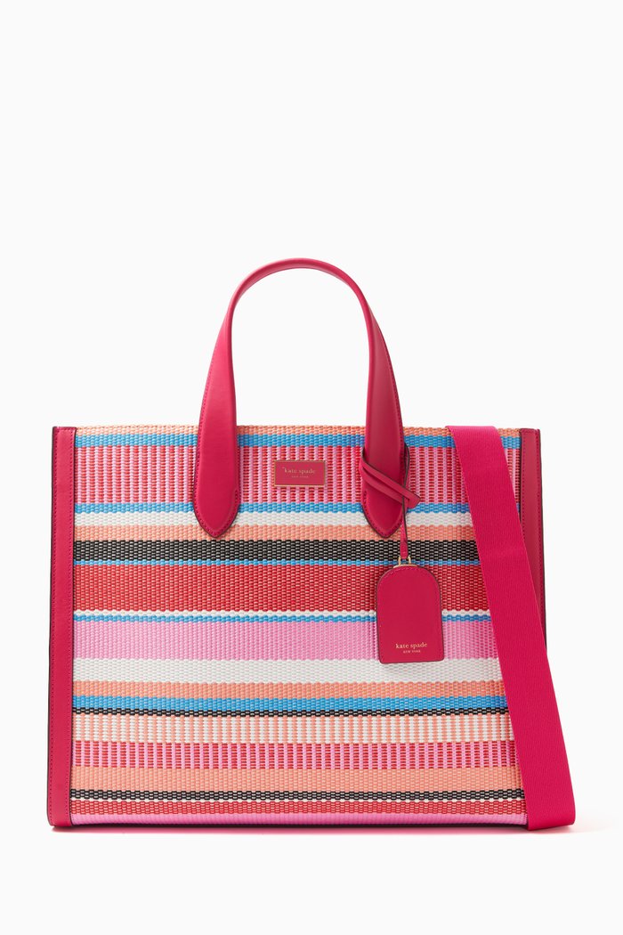 

Large Manhattan Striped Tote Bag in Woven Straw, Pink