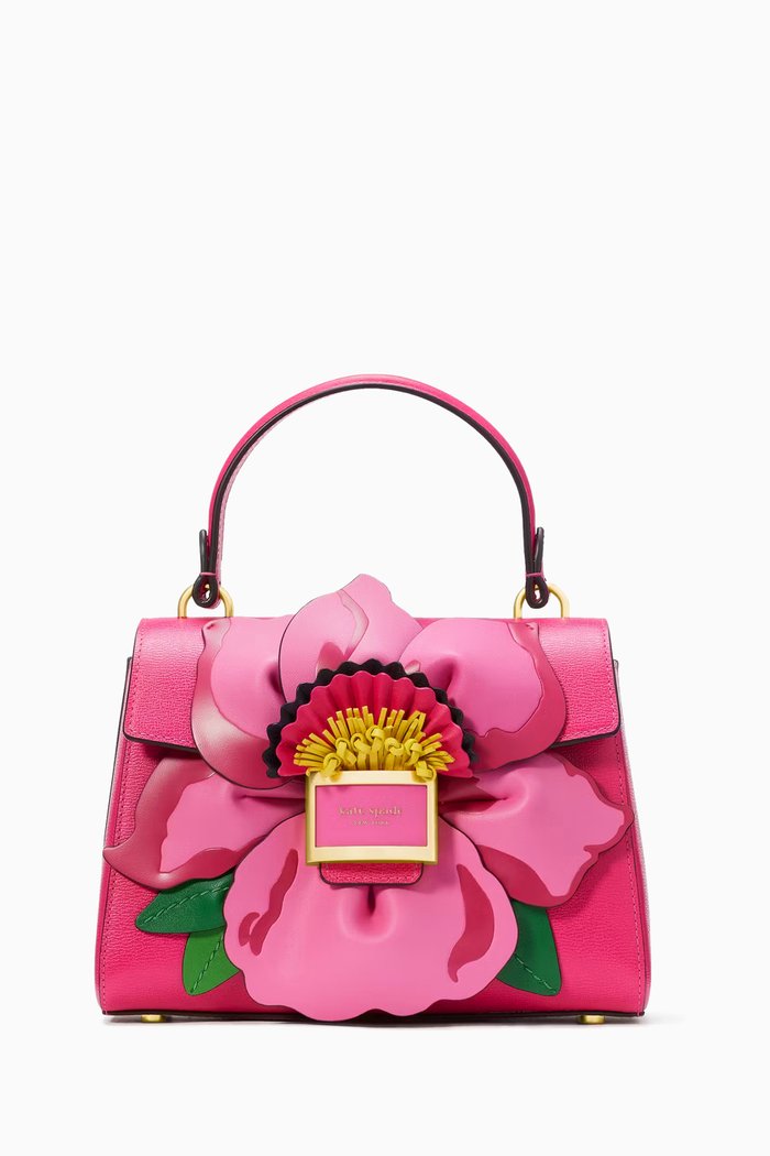 Small Katy Floral Top-Handle Bag in Leather, Pink