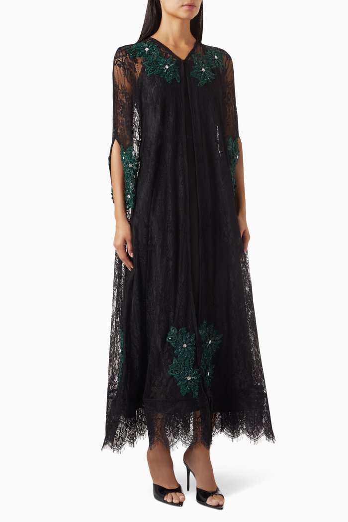 

Embellished Sheer Abaya in Lace & Tulle, Black