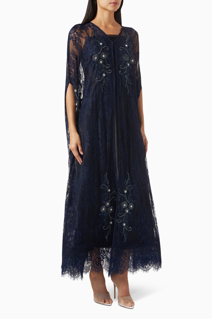 

Embellished Sheer Abaya in Lace & Tulle, Blue